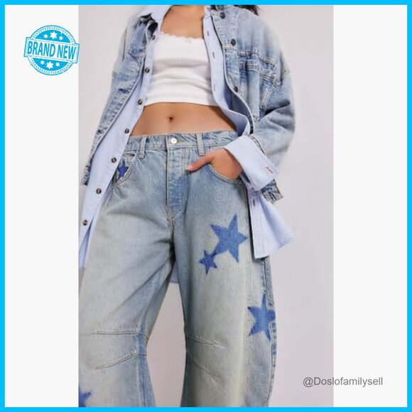 Y2K Barrel Jeans Wide Leg Distressed Boyfriend Denim Pants Retro Vintage Style - Picture 4 of 7